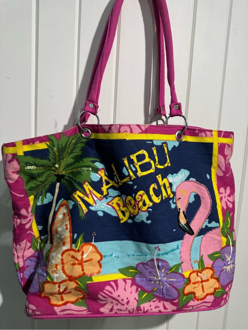 Source Unknown Pink & Navy Malibu Beach Canvas Tote